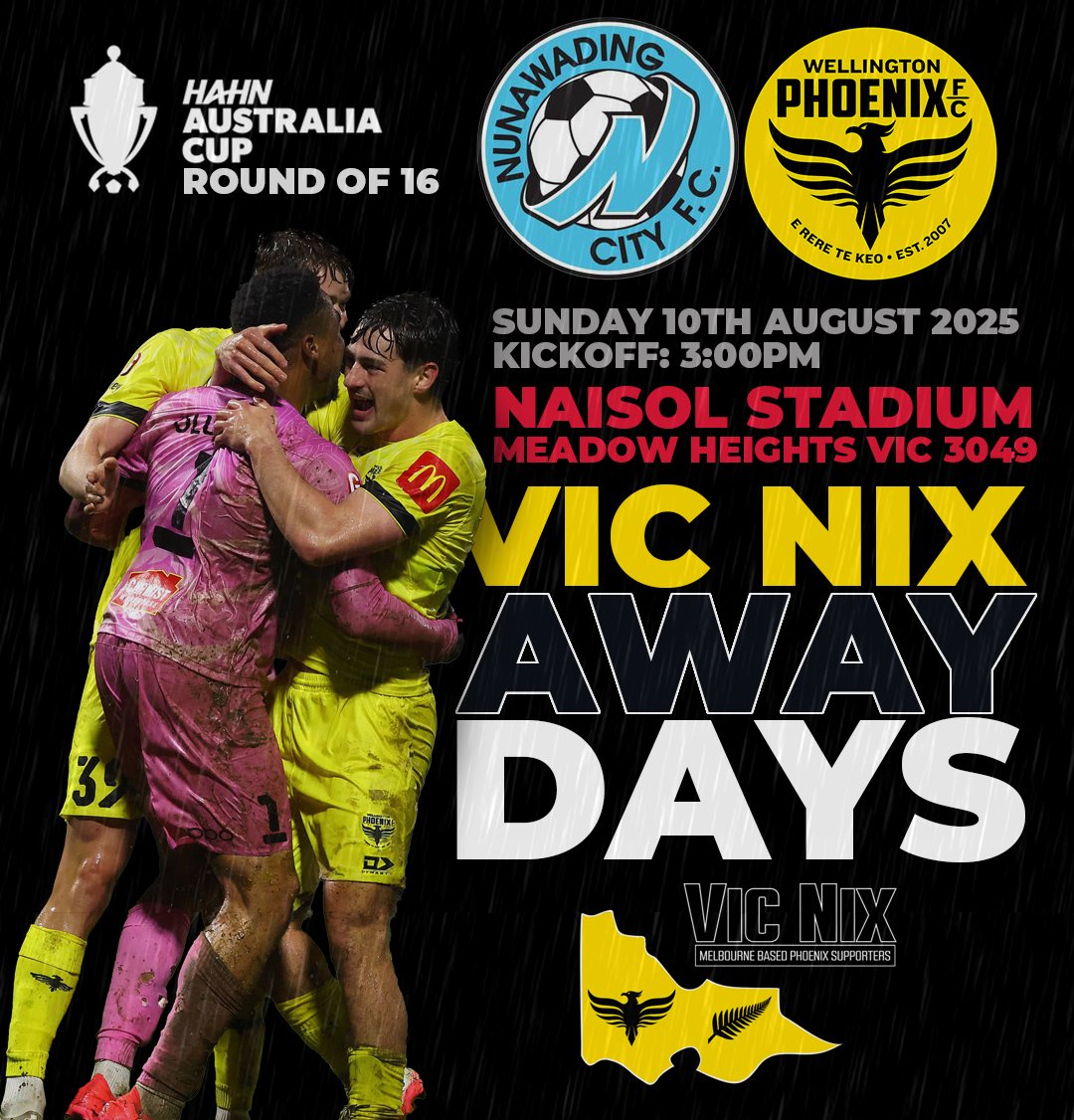 VIC NIX - Melbourne Based Phoenix Supporters (@vicnixfans) on Twitter photo Our <a href="/WgtnPhoenixFC/">Wellington Phoenix π₯</a> return to Melbourne for the first time in 2025-26!
We take on Nunawading City FC in Broadmeadows in the <a href="/AustraliaCup/">Hahn Australia Cup</a> RD of 16!
Get along to support the Nix as we aim for a Quarter-Final spot in the Cup!
facebook.com/events/1277888β¦
COME ON PHOENIX! π¨β¬ π¨β¬ Our <a href="/WgtnPhoenixFC/">Wellington Phoenix π₯</a> return to Melbourne for the first time in 2025-26!
We take on Nunawading City FC in Broadmeadows in the <a href="/AustraliaCup/">Hahn Australia Cup</a> RD of 16!
Get along to support the Nix as we aim for a Quarter-Final spot in the Cup!
facebook.com/events/1277888β¦
COME ON PHOENIX! π¨β¬ π¨β¬