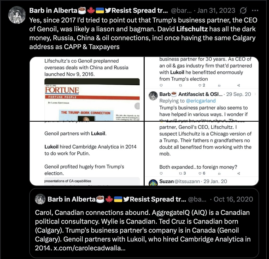 I have a theory. From 2014-2016 Trump's business partner (David Lifschultz CEO of Genoil) facilitated some of the Russia/Cambridge Analytica flow of info/strategy dark funding, through such intermediaries as Lukoil. There's just too many coincidences/facts
x.com/barbetta1/stat…