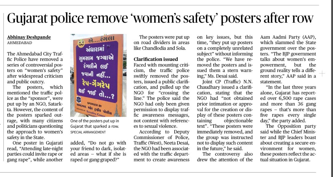 A series of posters claiming that “attending late-night parties could invite rape or gang rape” has sparked public anger in #Ahmedabad, as the campaign carried the logo of the city’s traffic police.
