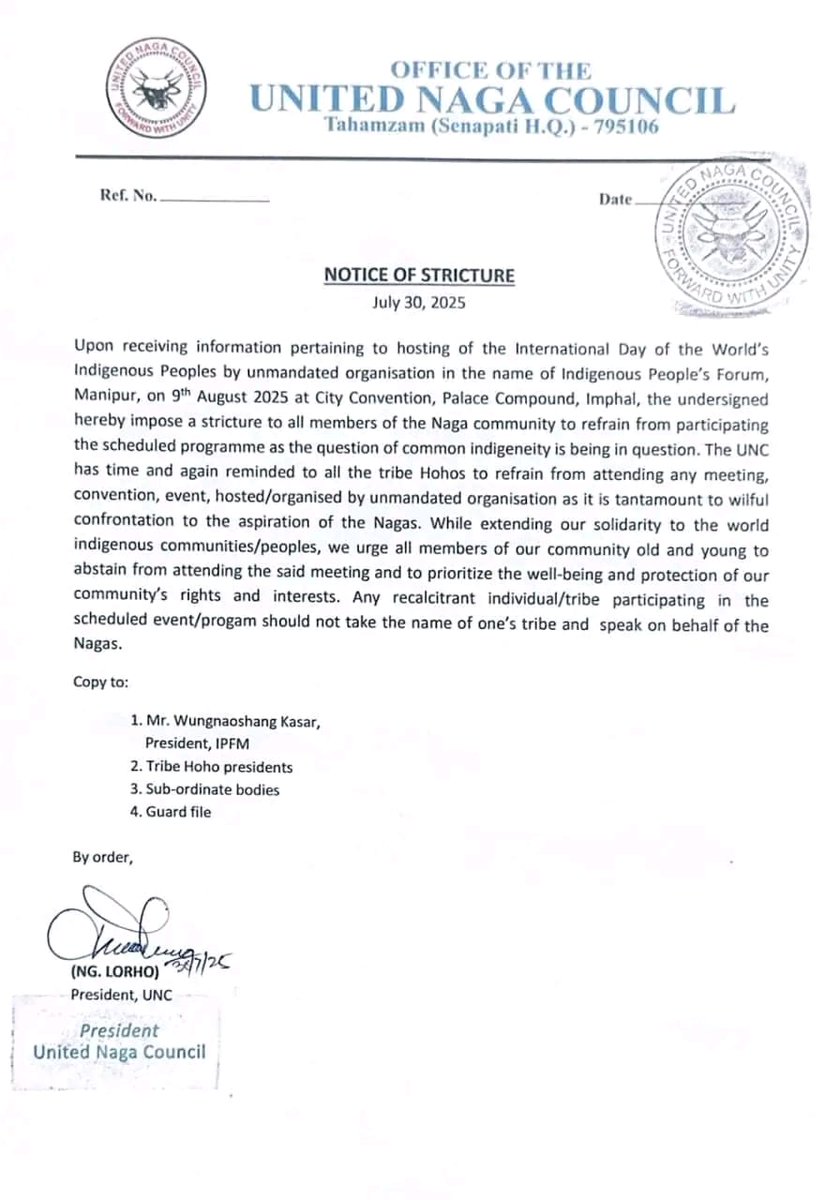 Mighty Warrior Kuki (@kamginthan40473) on Twitter photo United Naga Council #ManipurNagas informs their native people in the upcoming celebration on 9th May 2025 at City Convention, Palace Compound (Indigenous people's Forum) #UNC inform not to participate in this #MeiteiCommunity stupid idea. Hope <a href="/AshangKasar/">ashang kasar</a> is not gonna talk on United Naga Council #ManipurNagas informs their native people in the upcoming celebration on 9th May 2025 at City Convention, Palace Compound (Indigenous people's Forum) #UNC inform not to participate in this #MeiteiCommunity stupid idea. Hope <a href="/AshangKasar/">ashang kasar</a> is not gonna talk on