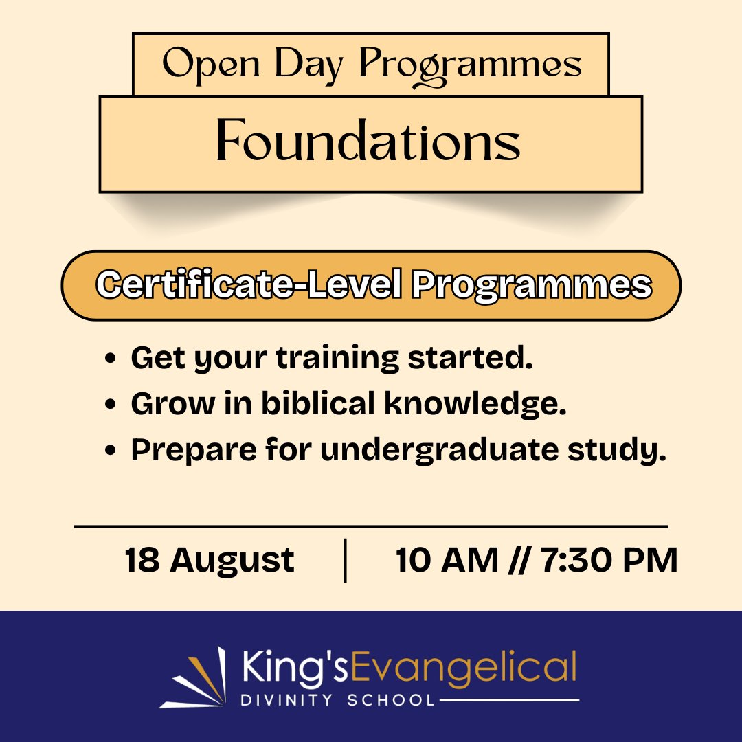 KingsDivinity's tweet image. 📝 Introducing our Foundations programmes!

Two programmes that will introduce you to the world of biblical and theological studies.

Learn more at our Open Day. Sign up below.

AM: tinyurl.com/y6tvb6aw
PM: tinyurl.com/47urnuyt