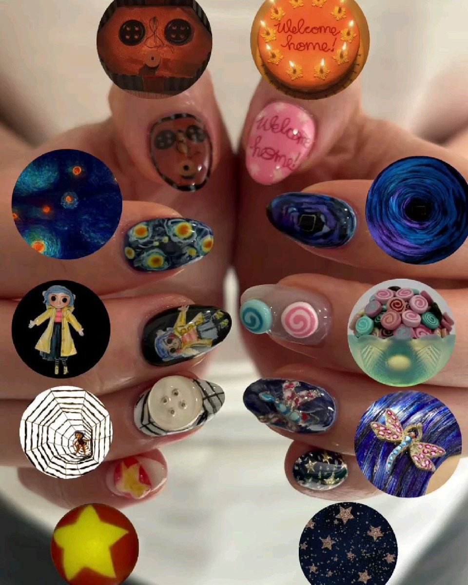 pinkglitterie's tweet photo. Coraline nail art for fall 🍂 https://t.co/nhpikSaN5Q