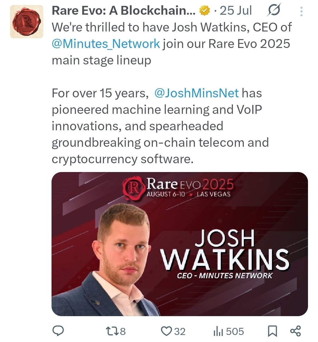 EnsoNode ENO (@ensonode) on Twitter photo I know many of you are unable to attend <a href="/RareEvo/">Rare Evo: A Blockchain Event</a> and really want to see the keynotes from <a href="/MrTelecoms/">Mr.Telecom</a> from <a href="/WorldMobileTeam/">World Mobile</a>
and <a href="/JoshMinsNet/">Josh</a> from <a href="/Minutes_Network/">Minutes Network</a> . We were planning to stream it for our community in our EnsōNode Discord, and Im sure the Rare Network will be I know many of you are unable to attend <a href="/RareEvo/">Rare Evo: A Blockchain Event</a> and really want to see the keynotes from <a href="/MrTelecoms/">Mr.Telecom</a> from <a href="/WorldMobileTeam/">World Mobile</a>
and <a href="/JoshMinsNet/">Josh</a> from <a href="/Minutes_Network/">Minutes Network</a> . We were planning to stream it for our community in our EnsōNode Discord, and Im sure the Rare Network will be