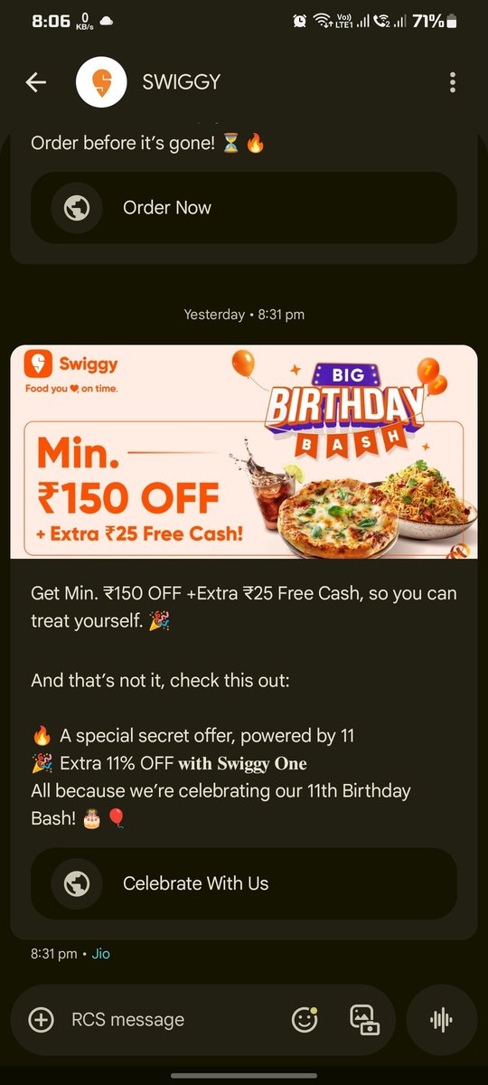 Relevant735541's tweet photo. @Swiggy @SwiggyCares yesterday i received message from swiggy get min 150rs off +25rs free cash. But when i chcecked my account there was no such offer. This is completely again consumer rights to send clickmait messages. Earlier you used to send in notifications now messages! https://t.co/OoFqdeUpO9