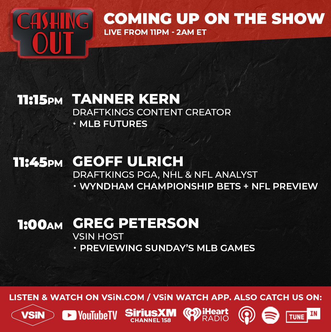 VSiN (@vsinlive) on Twitter photo Cashing Out is live at 11pm ET with <a href="/ScottsOnAir/">Scott Seidenberg</a>! We’ll preview Sunday’s MLB games, the rest of the Wyndham Championship, and the NFL season.
Joining the show: <a href="/tannerkern_/">TANNER KERN</a>, <a href="/thefantasygrind/">Geoff</a> and <a href="/GUnit_81/">Greg Peterson</a>
Listen Here: vsin.com/shows/vsin-liv… Cashing Out is live at 11pm ET with <a href="/ScottsOnAir/">Scott Seidenberg</a>! We’ll preview Sunday’s MLB games, the rest of the Wyndham Championship, and the NFL season.
Joining the show: <a href="/tannerkern_/">TANNER KERN</a>, <a href="/thefantasygrind/">Geoff</a> and <a href="/GUnit_81/">Greg Peterson</a>
Listen Here: vsin.com/shows/vsin-liv…