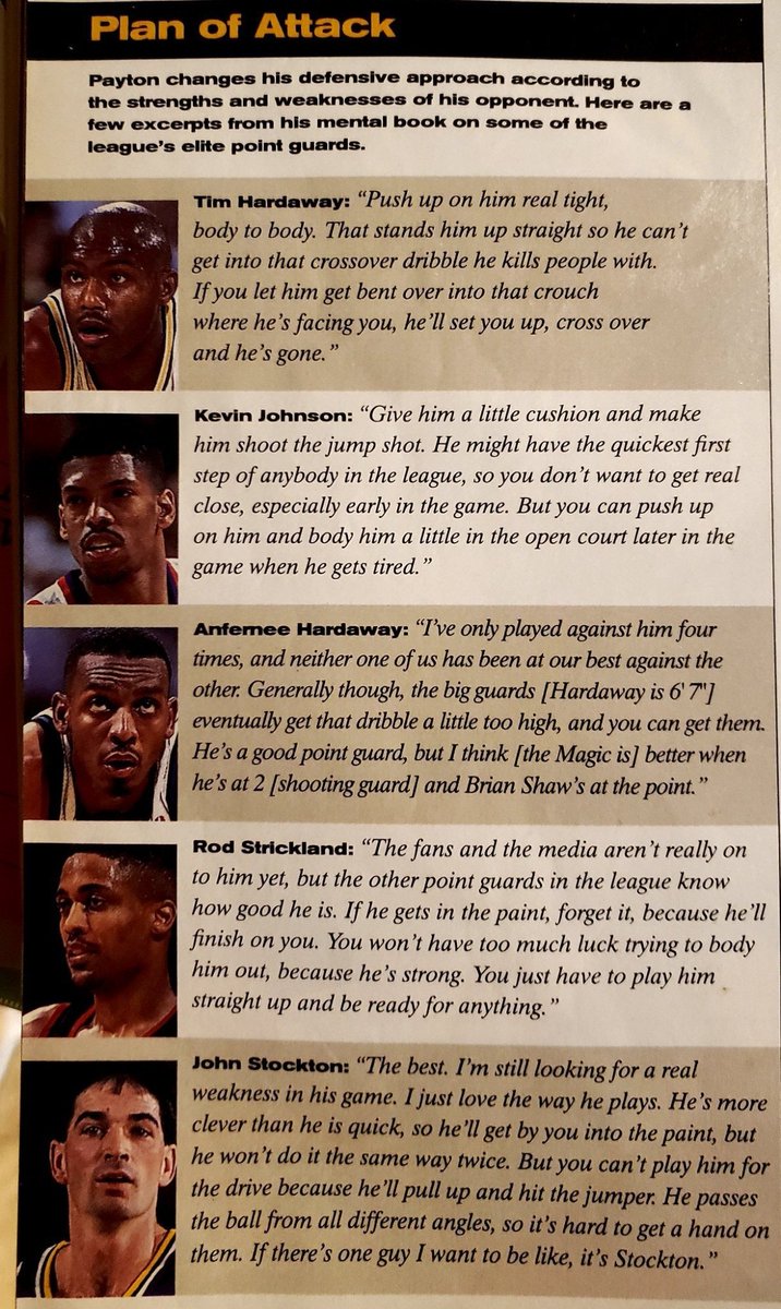 From the 95-96 SI Hoops Preview, Gary Payton giving you his scouting report on how to defend the greats of his era. He gives quite a bit of love to Stockton and Strickland....