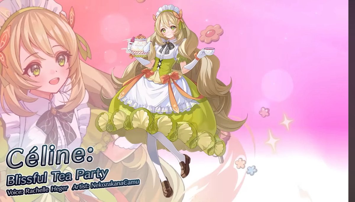 Excited that my girl’s tea dreams are finally coming true!! 

So honored to be back voicing Céline for <a href="/FE_Heroes_EN/">Fire Emblem Heroes</a> 🥰🥰🥰 HUGE thank you to <a href="/Cupofteaprod/">Cupofteaproductions</a> for having me!! This skin is so perfect and she looks so cute!!