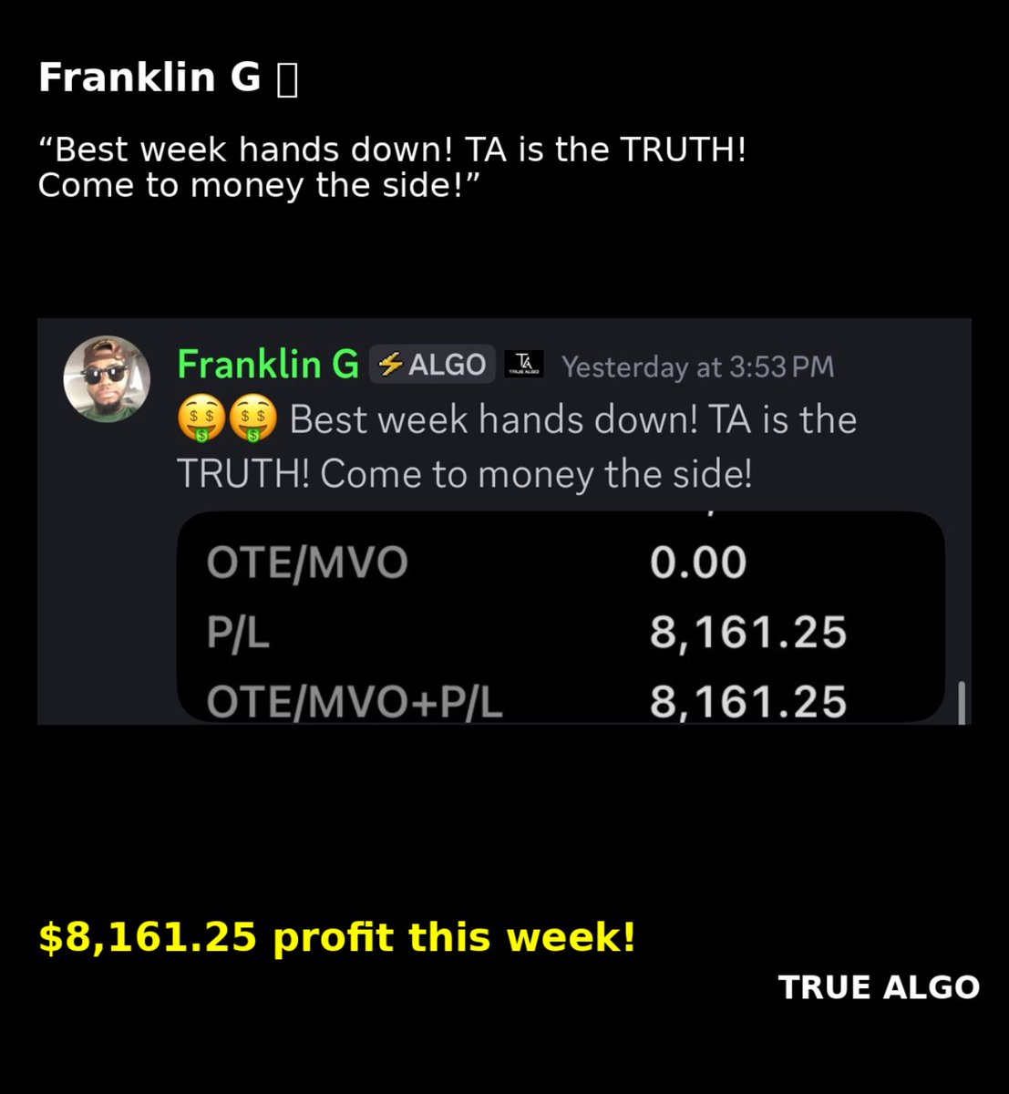 True_Algo's tweet image. 🚨 $8,161.25 week locked in!
Franklin said it best: “TA is the TRUTH!” 💰
Stop spinning your wheels and come to the money side.
True Algo isn’t theory — it’s real results.
👉 Join us: TrueAlgo.com
💬 Chat live: Discord.gg/TrueAlgo
#TrueAlgo #WinningWeek…