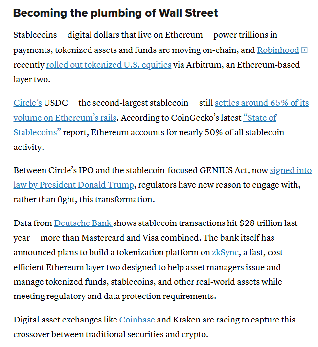 sassal0x's tweet photo. Awesome article from @KenzieSigalos of @CNBC covering Ethereum's recent 10th birthday!

She calls Ethereum the "invisible backbone" and "plumbing" of Wall Street. https://t.co/bOOo05HCWL