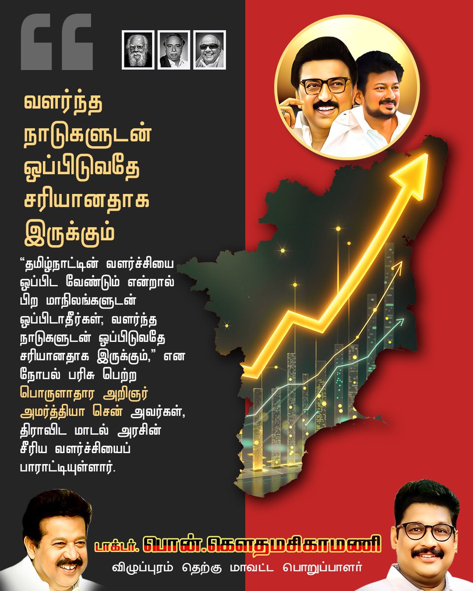 மாண்புமிகு தமிழ்நாடு முதலமைச்சர் தளபதி <a href="/mkstalin/">M.K.Stalin</a>  அவர்களின் தலைமையிலான திராவிட மாடல் அரசின் சாதனை!
 "தமிழ்நாட்டின் வளர்ச்சியை ஒப்பிட வேண்டும் என்றால் பிற மாநிலங்களுடன் ஒப்பிடாதீர்கள்; வளர்ந்த நாடுகளுடன் ஒப்பிடுவதே சரியானதாக இருக்கும்," என நோபல் பரிசு பெற்ற பொருளாதார அறிஞர்