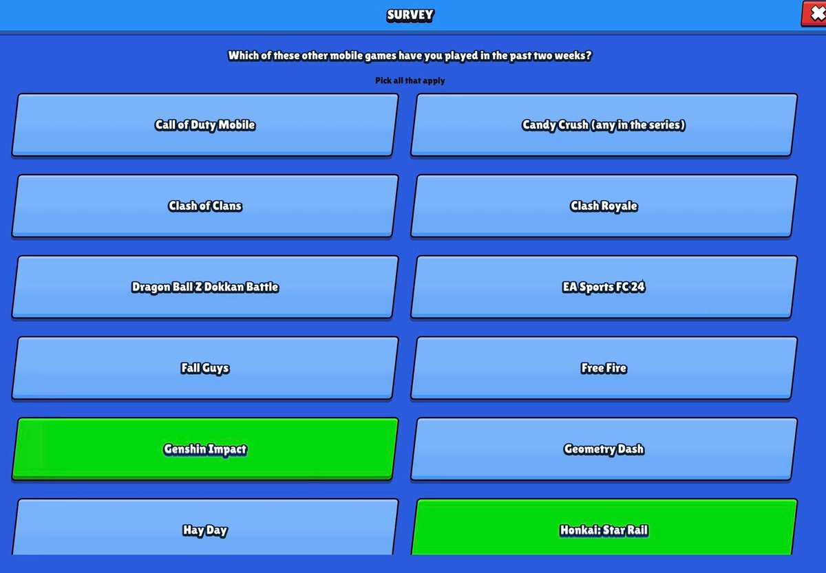 BrawlNetworkX's tweet photo. Brawl Stars just posted an in-game survey for a limited number of players! 👀

It asked players what other mobile games they have been playing since the last 2 weeks. 🎮

This could be because they want to maybe collab with them or maybe they just want to know why they haven't been playing Brawl anymore. ℹ️

What do you think? 🤔