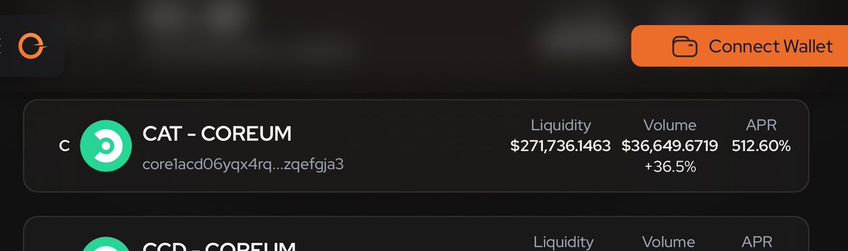 $CAT - $COREUM pool is printing 💰 

TVL: 173,309 USD 

Over 500 thousand $COREUM is in the pool paired with over 1 million $CAT 

This liquidity pool is insanely healthy and incentivizing contributors 💦