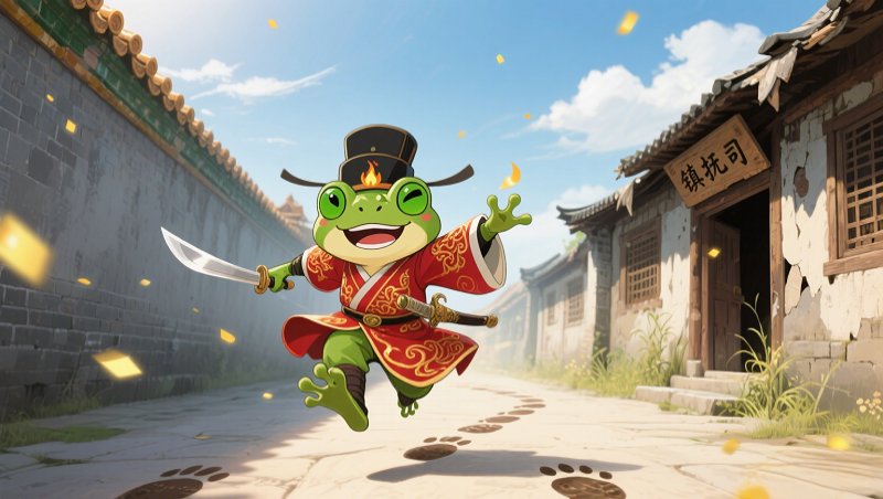 JYW_Token's tweet photo. 大明诏：锦衣蛙讨逆录·第一卷·鬼钱迷案
第一章 御前蹦出个蛙镇抚
紫禁城，乾清宫前的白玉阶下。

阳光正好，晒得金砖地面暖烘烘的。空气中飘着御花园送来的花香，还有…嗯，一丝丝若有若无的丹药味儿？咱们的嘉靖皇帝朱厚熜，穿着宽松的道袍常服，背着手，在阶前慢悠悠地踱着方步。道髻梳得一丝不乱，脸上没什么表情，但眉头微微蹙着，像在琢磨什么费劲儿的丹方。

他身后半步，跟着老太监黄锦，低眉顺眼，脚步轻得像猫。

皇帝溜达着，目光扫过阶下值守的侍卫们。金盔红袍，站得跟木头桩子似的，一张张脸绷得紧紧的。嘉靖帝心里撇撇嘴：都跟泥塑的似的，也不知道心里琢磨啥呢。

就在这时，他的视线“吧唧”一下，黏在了阶下左侧那个身影上。

嘿！这小子有点意思！

那是个穿着崭新青色贴里、外罩玄色罩甲的年轻锦衣卫力士。官服穿在他身上，总透着一股子…说不出的别扭可爱劲儿。罩甲好像特意改短了点，显得不那么拘束；腰带束得紧紧的，勒出点精干的轮廓。他站得笔直笔直，下巴微抬，眼睛瞪得溜圆，碧绿碧绿的瞳孔像两汪刚下过雨的山泉，正全神贯注地盯着…呃，盯着台阶缝隙里一只努力搬面包屑的小蚂蚁？那认真的小模样，仿佛在观摩什么国家大事。

蛙十三！

嘉靖帝嘴角几不可察地往上翘了翘。想起来了，是御花园里那个把自己从水里捞出来的青蛙精！当时赐了个“锦衣蛙”的名号，还把他调到殿前站岗。当时就觉得，一只成了精的青蛙穿着飞鱼服站岗，这画面想想就挺乐呵。

今天再看，这份傻乎乎的认真劲儿，在这群“木头桩子”里，简直像一盘油腻大菜里突然蹦出根水灵灵的脆黄瓜！清爽！

嘉靖帝踱到蛙十三面前，停下脚步。

“咳。” 他清了清嗓子。

正跟蚂蚁进行“灵魂交流”的蛙十三一个激灵，猛地回过神！看到眼前那抹明黄，碧绿的眼睛瞬间瞪得更圆了，像受惊的青蛙（呃，他本来就是）。他赶紧挺胸抬头，双手紧贴裤缝，扯着嗓子喊：“卑职锦衣蛙！参见陛下！” 声音因为紧张有点劈叉，在安静的宫门前显得格外响亮。

旁边几个“木头桩子”侍卫的眼珠子忍不住往这边斜了斜。

嘉靖帝没在意，他饶有兴致地看着蛙十三那张光滑得不像话、此刻因为紧张有点泛红（？）的脸：“锦衣蛙，站岗呢？”

“回陛下！卑职…卑职在数…呃不！在认真值守！眼观六路，耳听八方！” 蛙十三脑子一抽，差点把数蚂蚁的事儿秃噜出来，赶紧找补，脸更红了点。

“嗯，” 嘉靖帝点点头，语气随意得像在聊天气，“站得不错，精神头挺好。比那些…” 他目光扫过旁边几个立刻把腰板挺得更直的“木头桩子”，后半句咽了回去，话锋突然一转，声音不大，却带着一种不容置疑的随意，“朕看你小子挺机灵，光站岗屈才了。这样吧，给你个新差事。”

蛙十三懵了，碧绿的大眼睛里全是问号：“新…新差事？”

“对，” 嘉靖帝背着手，语气轻松得像在吩咐晚膳加个菜，“朕琢磨着，宫里宫外，总有些不太平的事儿，寻常侍卫管起来费劲。你嘛，有点…嗯，‘特别本事’。朕封你个‘镇邪司镇抚使’（注：官职架空，好听就行），专门负责处理这些‘特别’的麻烦。再给你个特权，自个儿去挑几个顺眼的帮手，要机灵的，有本事的。地方嘛…” 他随意地指了指远处宫墙根下一排闲置的、有点破旧的小值房，“就那儿吧，收拾收拾能用。钱嘛，找黄伴伴支点启动银子。”

轰——！

平地一声雷！直接把蛙十三劈傻了！

镇…镇抚使？！自个儿挑帮手？！有自己的地盘（虽然是破房子）？！还有钱？！

巨大的馅饼砸得他晕头转向，碧绿的眼睛里瞬间迸发出堪比一千瓦灯泡的光芒！巨大的喜悦像气泡水一样“咕嘟咕嘟”从心底冒上来，差点把他顶个跟头！他完全没去想这“不太平的事儿”是啥，也没琢磨“特别本事”指啥，更没意识到这“特权”背后可能是个天坑！他只听到——升官了！当领导了！能招小弟了！不用天天傻站着数蚂蚁了！

“谢陛下隆恩！！” 蛙十三激动得声音都变调了，扑通一声单膝跪地，抱拳的动作大得差点把自己带倒，脸上是藏不住的、纯粹的、傻乎乎的狂喜，“卑职…不！臣！臣锦衣蛙！领旨！一定好好干！把‘特别麻烦’都收拾得干干净净！”

那兴奋劲儿，活像刚得了新玩具的孩子。

嘉靖帝看着他这副毫不掩饰的欢喜模样，眼底深处掠过一丝极淡的、难以捉摸的情绪，像是满意，又像是别的什么。他随意地点点头：“嗯，好好干。去吧。” 说完，不再看跪在地上的蛙十三，背着手，继续慢悠悠地踱他的方步去了，仿佛刚才只是随手丢给路边小猫一条小鱼干。

老太监黄锦赶紧跟上，经过还跪在那、乐得有点找不着北的蛙十三时，脚步微微一顿。他飞快地左右瞟了一眼，见侍卫们都眼观鼻鼻观心，才以极低、极快的语速，几乎是用气声在蛙十三耳边“咝咝”了两句：

“镇抚使大人…陛下金口，‘镇邪’二字，重若千钧呐…那些‘麻烦’，可都连着天呢…还有…” 他声音压得更低，带着点意味深长，“陛下夸您…‘干净’…好好琢磨琢磨…”

话音未落，黄锦已经像影子一样飘走了，留下蛙十三一个人跪在原地，脸上的狂喜还没来得及收回去，就被这突如其来的“悄悄话”冻住了一半。

镇邪？重若千钧？连着天？还有…“干净”？

啥意思？