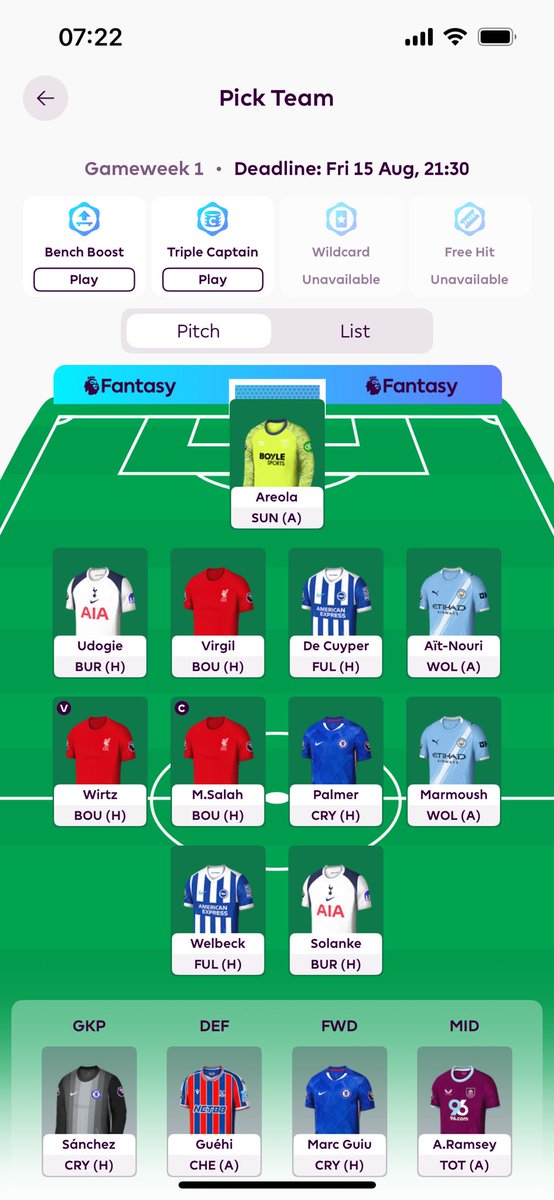 4thFPLChip's tweet photo. Pretty happy with this draft, not going to change much I don’t think. 

Let me know your thoughts #FPL #GW1 https://t.co/ve3YGOjex2