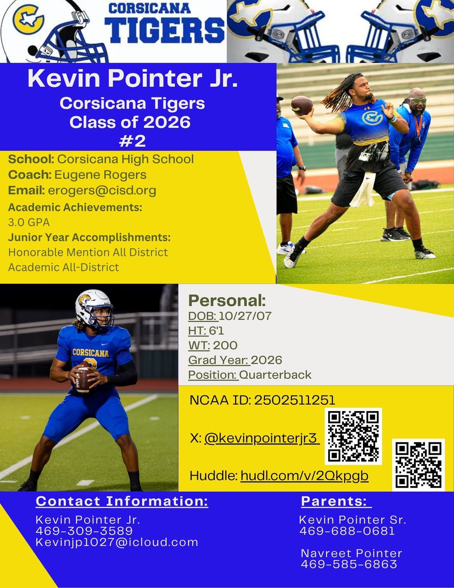 Kevin Pointer (@coachp2827) on Twitter photo 2026 QB #2 <a href="/KevinPointerJr3/">Kevin Pointer Jr</a>
Corsicana High School
Under the leadership of <a href="/rogers_eugene/">Eugene Rogers</a>
& offensive guidance of OC <a href="/dinkylewis/">Coach Lewis</a>!!
QR codes are live for highlights!!
<a href="/TXSTATEFOOTBALL/">Texas State Football</a> <a href="/HCUFootball/">HCU Football</a> <a href="/MNUFootball_/">MNUFootball</a> <a href="/TxWesFootball/">TxWes Football</a>
#WERCORSICANA 2026 QB #2 <a href="/KevinPointerJr3/">Kevin Pointer Jr</a>
Corsicana High School
Under the leadership of <a href="/rogers_eugene/">Eugene Rogers</a>
& offensive guidance of OC <a href="/dinkylewis/">Coach Lewis</a>!!
QR codes are live for highlights!!
<a href="/TXSTATEFOOTBALL/">Texas State Football</a> <a href="/HCUFootball/">HCU Football</a> <a href="/MNUFootball_/">MNUFootball</a> <a href="/TxWesFootball/">TxWes Football</a>
#WERCORSICANA