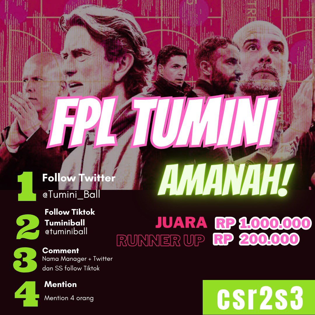 TuminiBall.FM๐ฒ๐จ (@tumini_ball) on Twitter photo <a href="/pisangij01/">FPL Liga Pisangijo</a>
#FPLTUMINI comeback aselole
Juara 1jt
Runnerup 200rb
Syarat join
๐คฟ follow tiktok & x <a href="/Tumini_Ball/">TuminiBall.FM๐ฒ๐จ</a> / @.tuminiball
๐ช Tulis nama manager di kolom komentar ya !
No ribet kecuali yg gapunya akun tiktok haha ๐ lesgoo guyss #fpl #fpltumini <a href="/FLOA62/">FPL League Owners Association</a> <a href="/pisangij01/">FPL Liga Pisangijo</a>
#FPLTUMINI comeback aselole
Juara 1jt
Runnerup 200rb
Syarat join
๐คฟ follow tiktok & x <a href="/Tumini_Ball/">TuminiBall.FM๐ฒ๐จ</a> / @.tuminiball
๐ช Tulis nama manager di kolom komentar ya !
No ribet kecuali yg gapunya akun tiktok haha ๐ lesgoo guyss #fpl #fpltumini <a href="/FLOA62/">FPL League Owners Association</a>