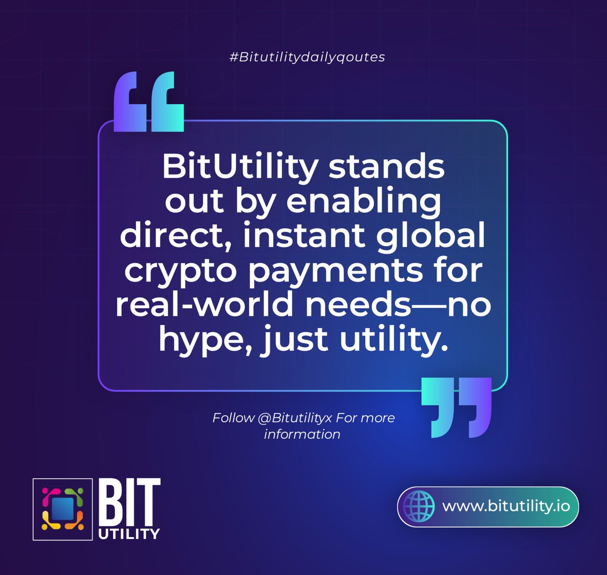 Crypto isn’t just for charts and speculation—it should work in real life.

BitUtility is built on that belief. It turns digital assets into everyday money—pay for groceries, bills, flights, and more without the hassle of conversions or off-ramping. One wallet. One interface.