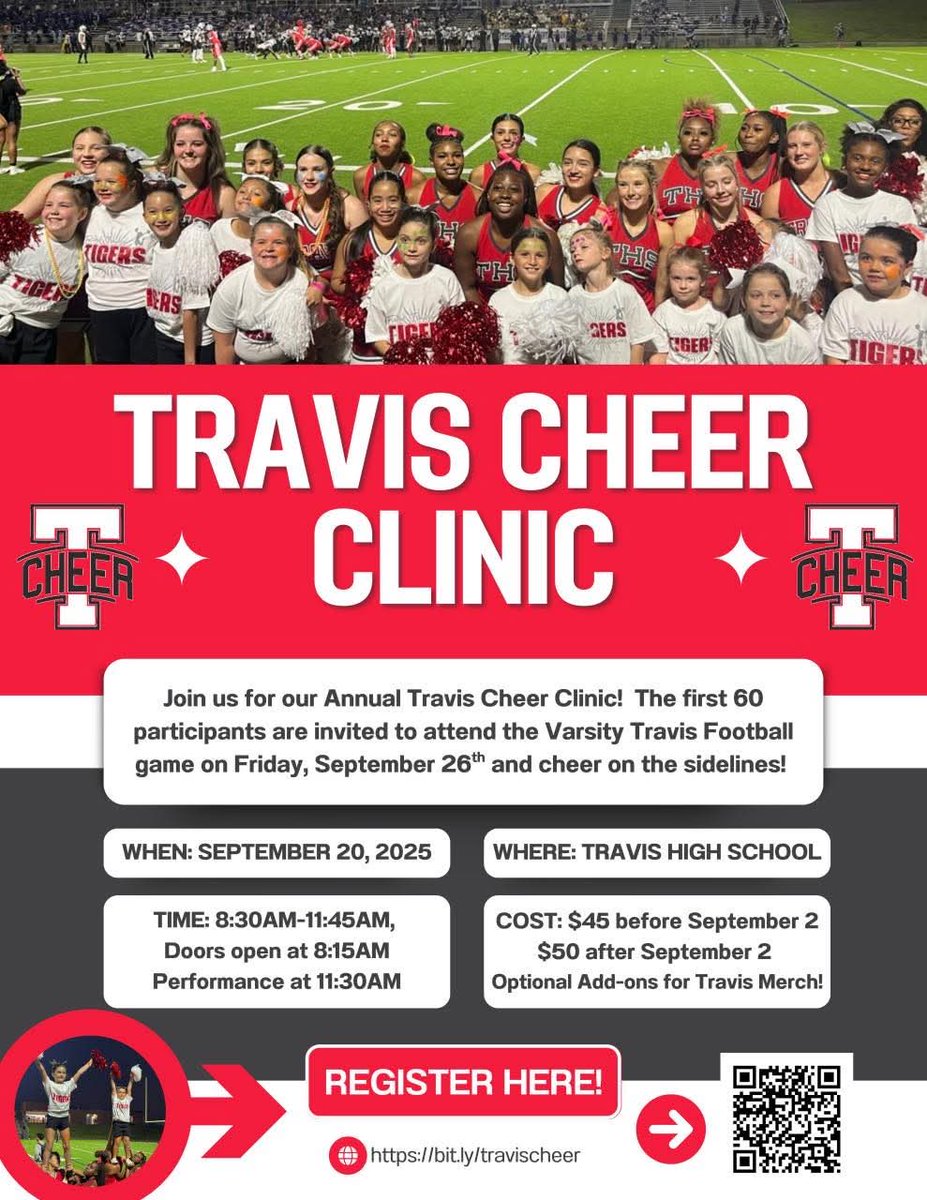Travis Cheer Clinic!! Don't miss an exciting opportunity to Cheer for our Tiger Varsity Football Team under the Friday Night Lights!! 📣