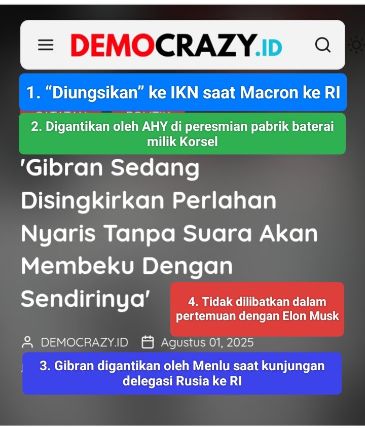 Tanda2 disingkirkan:
1. “Diungsikan” ke IKN saat Macron ke RI
2. Digantikan oleh AHY di peresmian pabrik baterai milik Korsel
3. Digantikan oleh Menlu saat delegasi Rusia ke RI
4. Tidak dilibatkan dalam pertemuan dengan Elon Musk
#TangkapGibranOnePiece 

ift.tt/zHE0hXL