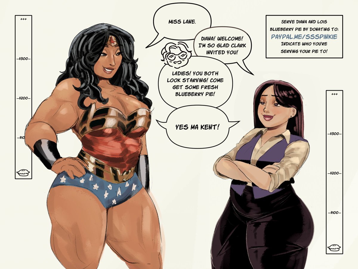 🥧SUPER PIE STUFFING🥧
When Ma Kent heard Clark invited guests to their family dinner, she may have made way too many blueberry pies. But Diana and Lois are gracious guests, so who are they to refuse?
Serve pies to Diana or Lois, stuffing updates when milestones are reached!