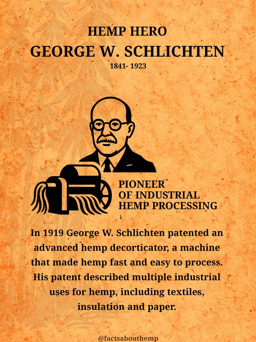 George W. Schlichten was a German-American machinist who believed in hemp’s future. In 1919, he was granted a U.S. patent for a machine that could strip fibre from hemp stalks in one efficient step. His decorticator reduced labour by up to 90% and made hemp far more competitive…