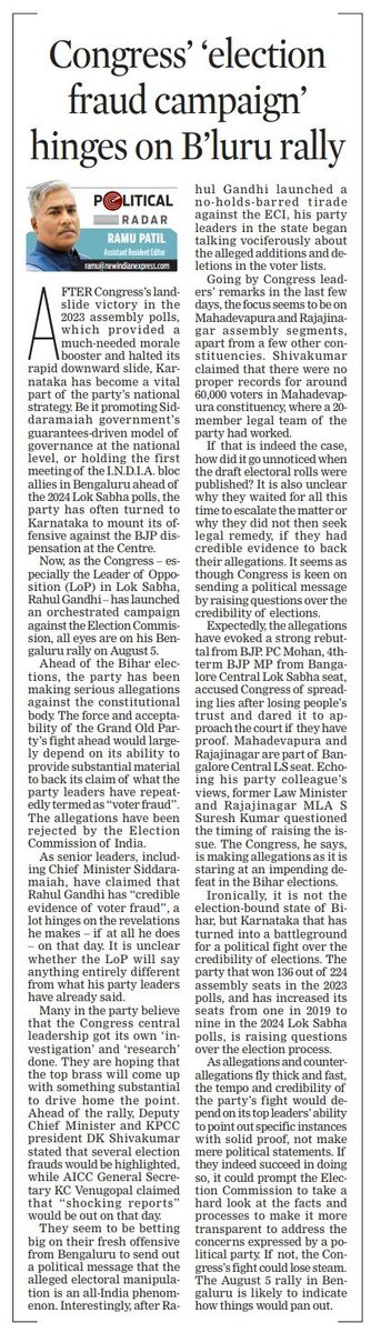 TNIE Karnataka (@xpressbengaluru) on Twitter photo #PoliticalRadar #Karnataka
Congress campaign against alleged 'election fraud' hinges on high-stakes #Bengaluru rally on Aug 5,writes <a href="/ramupatil_TNIE/">Ramu Patil</a> in this week's Political Radar.
newindianexpress.com/states/karnata… #PoliticalRadar #Karnataka
Congress campaign against alleged 'election fraud' hinges on high-stakes #Bengaluru rally on Aug 5,writes <a href="/ramupatil_TNIE/">Ramu Patil</a> in this week's Political Radar.
newindianexpress.com/states/karnata…