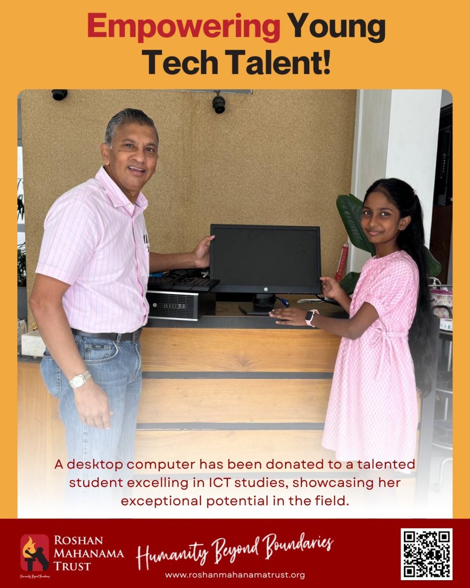 Rosh_Maha's tweet image. Empowering Young Tech Talent! 💻✨
Roshan Mahanama Trust donated a desktop to a talented student, supporting her journey to greatness. Proud to empower the next generation of innovators!
#RoshanMahanamaTrust #ComputerDonation #EmpoweringYouth #EducationForAll