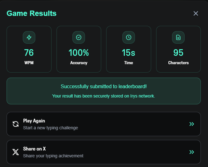 I just typed 76 WPM with 100% accuracy on Irys SpriteType! 🚀⚡ spritetype.irys.xyz