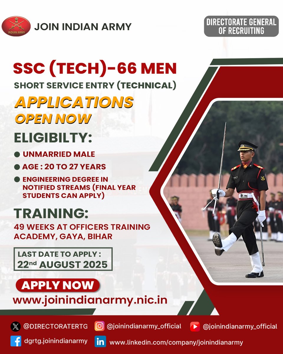 Engineering degree in your hands. Nation in your heart...

It’s time to wear the uniform!

SSC (Tech)-66 Men Entry –Applications is now OPEN!

Who can apply?
* Engineering graduates (Final year students can apply).
* Age: 20 to 27 years as on 01 April 2026
* Only Unmarried male