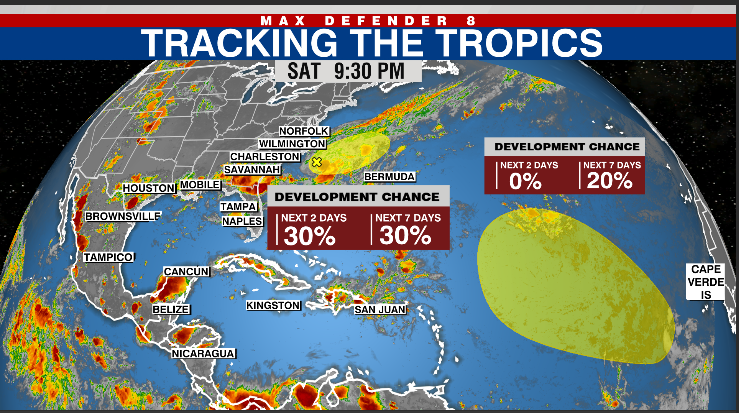 WFLA's tweet photo. TRACKING THE TROPICS: The National Hurricane Center is monitoring 2 systems in the Atlantic Ocean for potential tropical cyclone formation over the next several days. https://t.co/NJK3zyBLXv https://t.co/Wi5HaJO7al