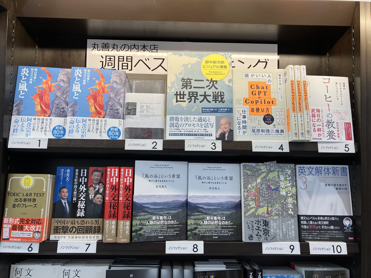 【丸の内本店週間ベストセラー】2025年7月24日～7月30日2-1
『ノンフィクション』
1位：炎と風と　桐山靖雄と阿含宗の軌跡（『炎と風と』制作委員会_飛鳥新社）
2位：ＡＩエージェント実践入門（太田真人_講談社）
3位：野中郁次郎ビジュアル講義　第二次世界大戦（野中郁次郎_日本経済新聞出版）