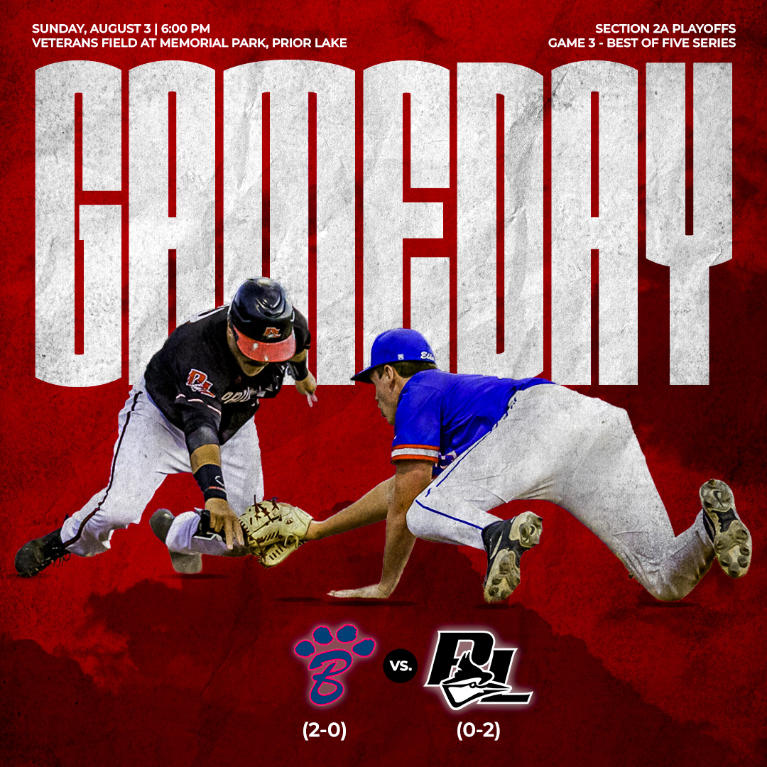 It's #Section2A Playoff #Gameday on Sunday!  The <a href="/PLJaysBaseball/">Prior Lake Jays</a> try to fend off elimination as they face <a href="/BobcatsBaseball/">Burnsville Bobcats</a> in Game 3 of the Best of Five Series.  6 pm is the first pitch at The Vet in PL.  Admission is $5, Under 18 FREE!  We'll see you there!