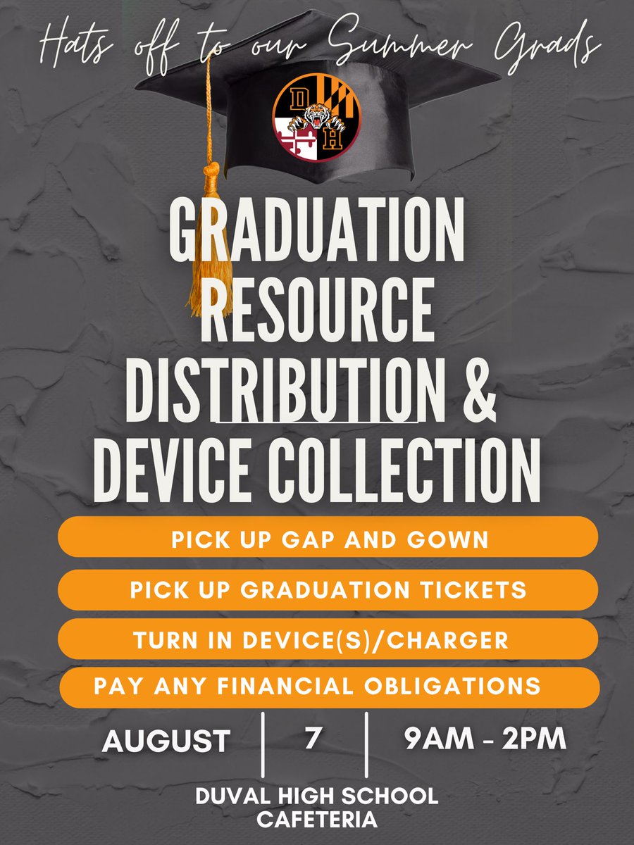 As we close out summer school, let’s celebrate our DuVal Tigers graduating this summer!!! Hats off to the Grads! Please see below for important info about cap and gown pick/Chromebook return!! <a href="/msleonardbiz/">Ms. Tajanay Leonard, MSA</a> <a href="/lesliesalley/">Leslie Salley</a> <a href="/DuValPTSA/">DuValPTSA</a> <a href="/DuValHSTigers/">DuVal Athletics</a> <a href="/DuValHS20706/">DuVal High School</a>