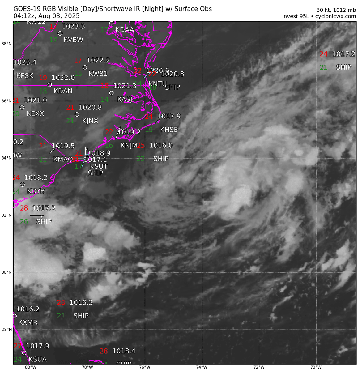 #95L has now formed in the Atlantic, being our AOI right off the east coast. No land impacts are expected as this system should move out to sea, and could become a Tropical Storm over the next day or so.