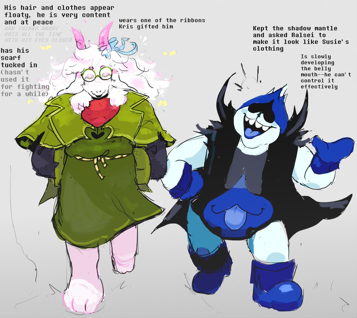 Here's a better look of the fluffy prince,, ralsei
and also a little king! Mr.Generosity!
they are talking about their favorite lightners and royalty stuff...i think...