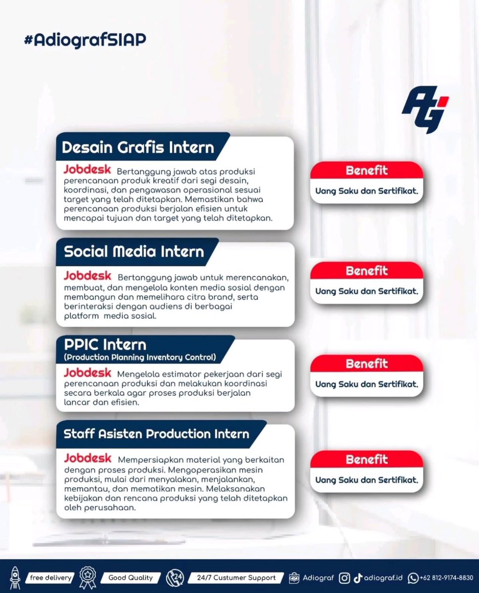 Adiograf Indonesia kembali dengan berbagai kesempatan magang menarik!

Kami membuka Internship Program untuk:
📱 Social Media Intern
🎨 Desain Grafis Intern
💻 PPIC Intern
🖨️ Staff Assistant Production Intern

📍 Lokasi : Jagakarsa, Jakarta Selatan
⏱ Jam Kerja : Senin-Sabtu |