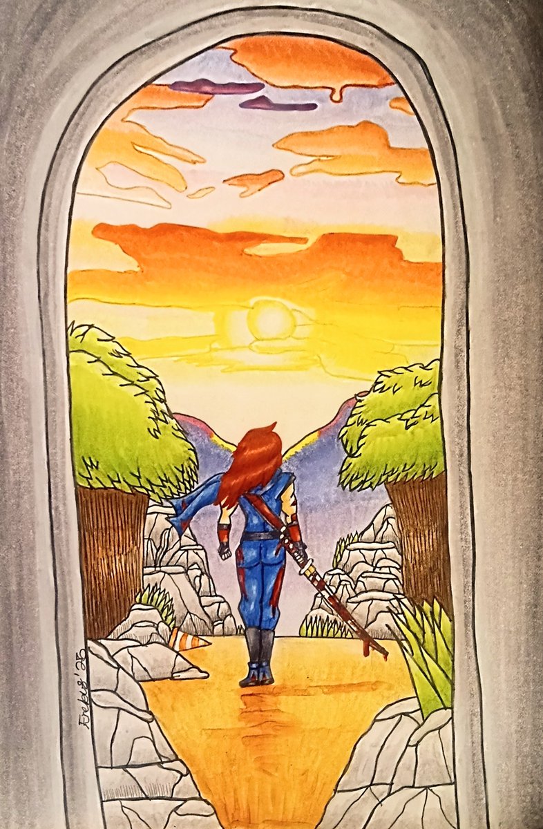 Studio_Reaper's tweet image. #NinjaGaidenRagebound #copic #fanart #horror #surrealism #sunrise

   The demon lord has been sealed thanks to the violently valiant actions of the unlikely alliance of Kumori and Kenji. Untying his hair, Kenji allows the summer air and sun to guide him back home.

- Erebus 💀