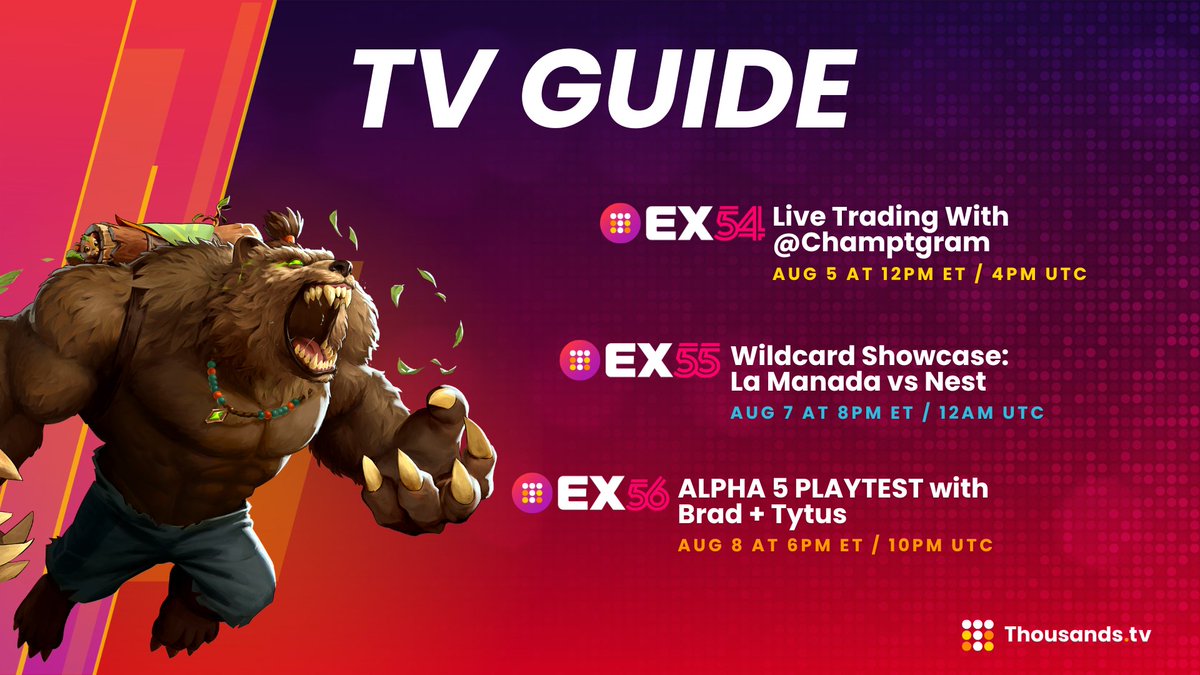 Set your reminders ⏰

We’re dropping 3 big EX shows this week:

💰 Trading goes live with Champ
🛡️ Communities face off: 
<a href="/La_ManadaTeam/">La Manada team</a> vs <a href="/TheNest_DAO/">The Nest</a>
🎮 Alpha 5 playtest returns with Brad + Tytus

Catch every moment on Thousands TV 👇