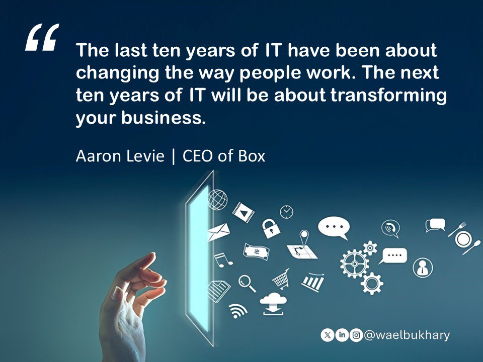ـ📱🔄📈
اقتباس عن #التحول_الرقمي :
"في السنوات العشر الأخيرة كان دور تقنية المعلومات يدور حول تغيير طريقة عمل الأشخاص. لكن في السنوات العشر القادمة، سيكون دور  تقنية المعلومات هو تحويل الأعمال نفسها".

▪️ هارون | الرئيس التنفيذي لشركة بوكس

#وائل_بخاري
#digitaltransformation