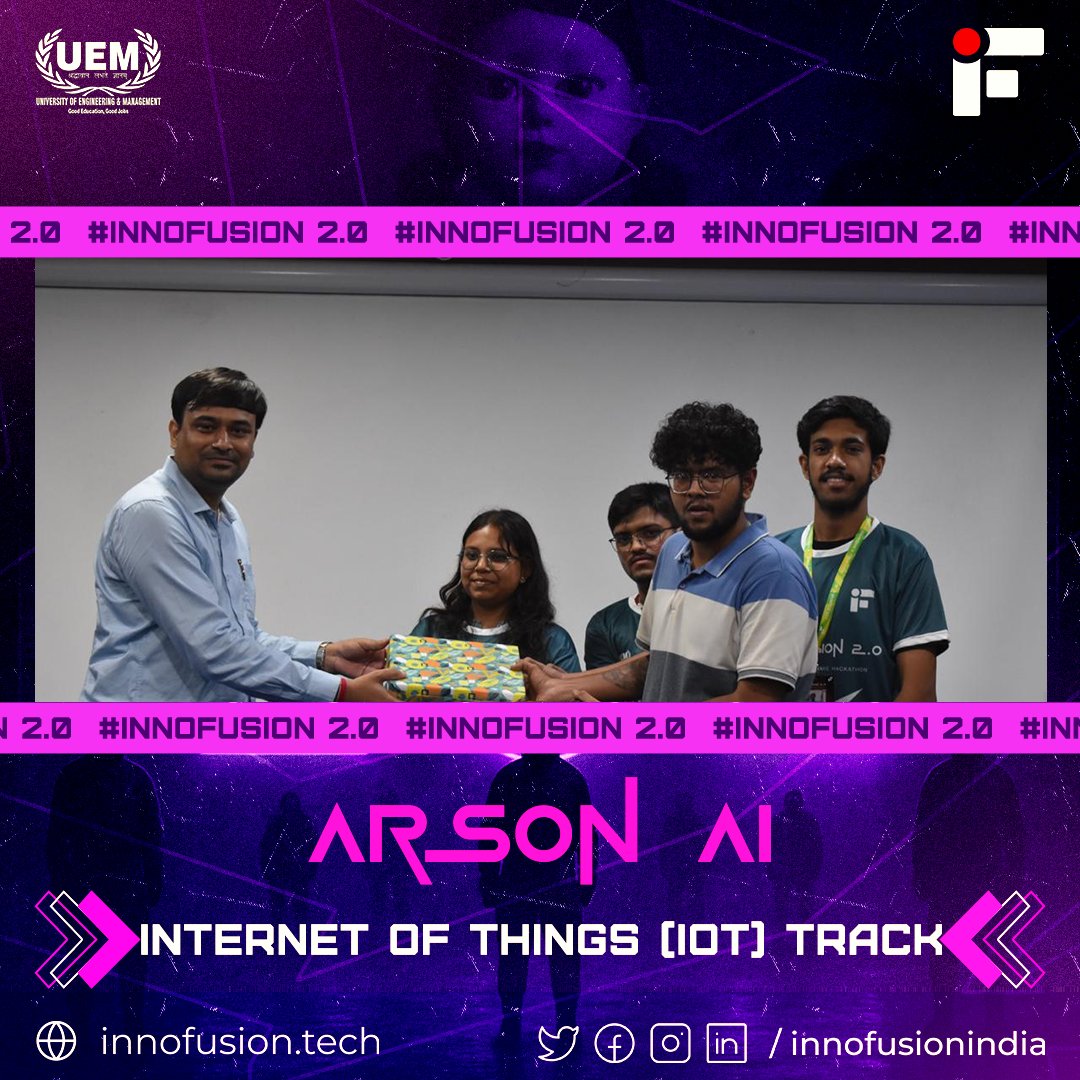 InnoFusionIndia's tweet image. 🏆 Team ARSON AI wins Best IoT Track at InnoFusion 2.0! 🌐🔌
From sparks to a full-blown IoT inferno — they lit up the future! 💡🔥

#InnoFusionHackathon #TeamARSONAI #IoTInnovators #SmartSolutions