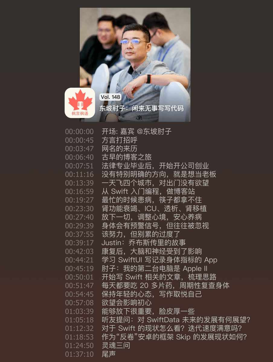#播客更新 Vol. 148 东坡肘子：闲来无事写写代码
本期嘉宾是《肘子的Swift 记事本》的博主 <a href="/fatbobman/">fatbobman (东坡肘子)</a> 肘子哥。他早年创业，在最忙碌的时候因健康问题不得不暂停工作、关闭公司，康复后，重拾编程爱好，本期我们一起聊聊他的故事。
- 小宇宙: xiaoyuzhoufm.com/episode/688eec…
- 官网: fyfy.fm/episode/148