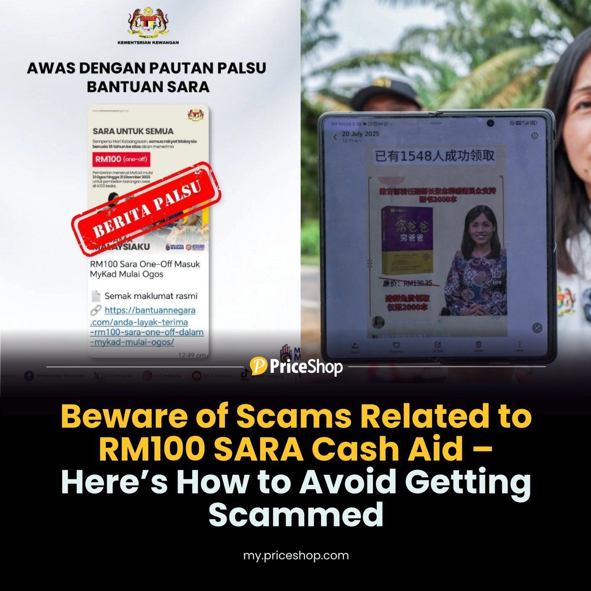 PriceShopMY's tweet photo. Scammers are already exploiting the recent RM100 cash aid announcement. Fake websites, suspicious links, and even posters using official logos are tricking Malaysians into giving away personal details.

Read more: https://t.co/BkQtUHt1P2 https://t.co/vRiwTy8z8r