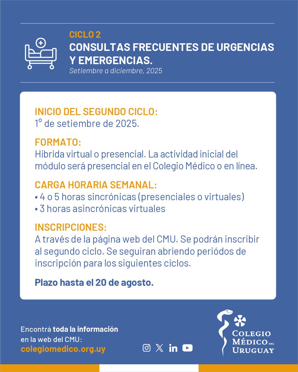 ¡Ya están abiertas las inscripciones al segundo ciclo Curso de DPMC!
En este ciclo se tratará la tematica: “Consultas frecuentes de urgencias y emergencias”.

🗓️ Comienzo: 01/09

✏️ Inscripciones a través del sitio web de CMU.
⚠️ Fecha límite de inscripción: 20 de agosto, 2025.