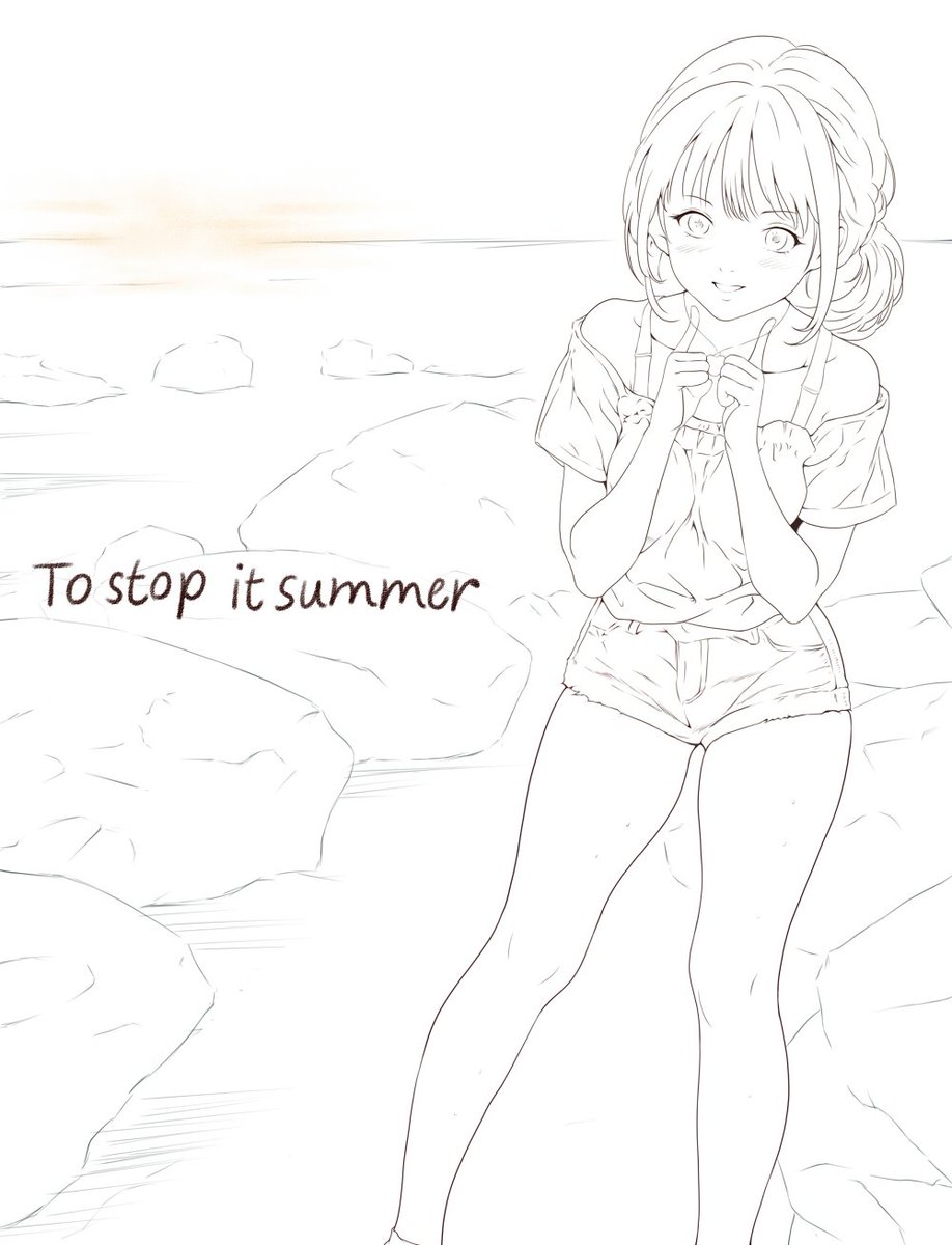 #illustration #Original #線画 #夕日 #夏の創作クラスタフォロー祭 山の日だけど夏の海を描きたくて。