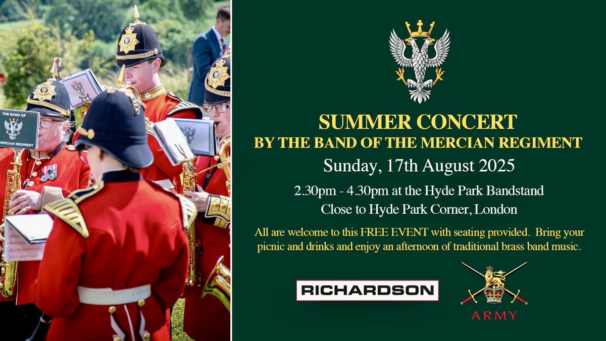 Richardson (@richardsonuk) on Twitter photo If you are in London next Sunday afternoon (17th August) then join us in Hyde Park for a free concert being given by the Band of the <a href="/MercianRegiment/">Mercian Regiment</a> - a quintessentially British summer experience! π¬π§π₯πΊ If you are in London next Sunday afternoon (17th August) then join us in Hyde Park for a free concert being given by the Band of the <a href="/MercianRegiment/">Mercian Regiment</a> - a quintessentially British summer experience! π¬π§π₯πΊ