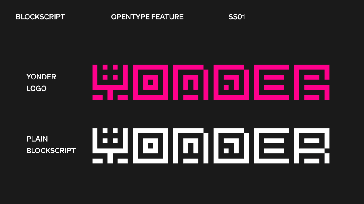 HellBilly9000's tweet photo. Did you know that Low #Blockscript features alternate versions for every letter and numeral?

The YONDER logo is a good example. The R is from this 2nd set of glyphs.

Turn on Stylistic Set 01 in your OpenType settings to activate the alternates.

#WeekOfTypography https://t.co/EXVVuxP5G0