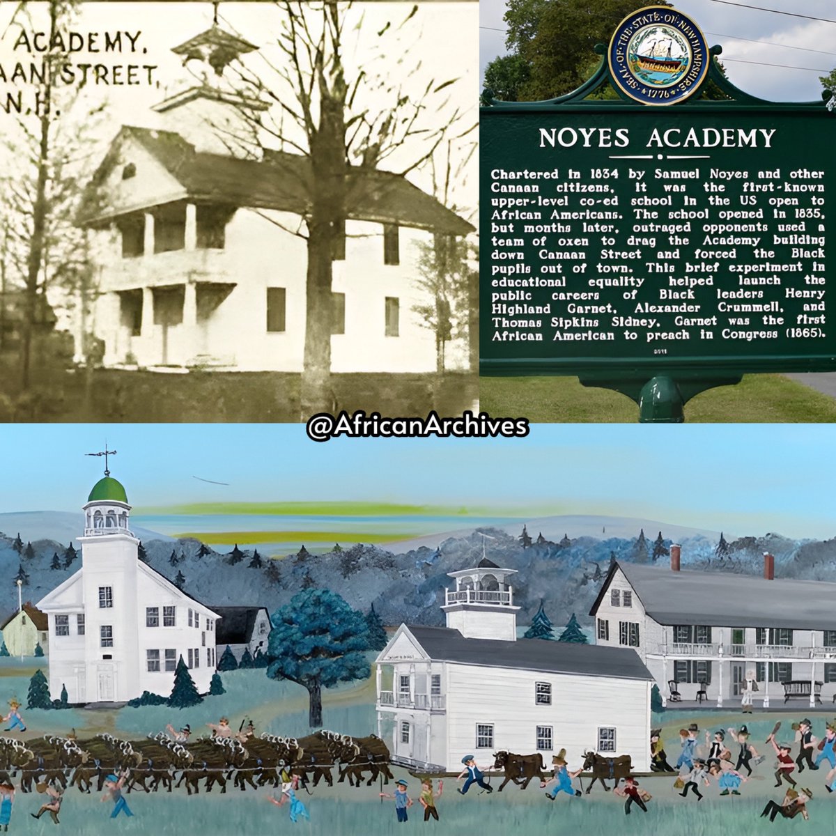 AfricanArchives's tweet image. On this day in 1835, a mob of white citizens and a hundred yoke of oxen pulled a Black school to a swamp outside the town of Canaan, New Hampshire and fired cannons to the boarding homes of the black students.

—On August 10, 1835, nearly 500 white men destroyed the Noyes Academy…
