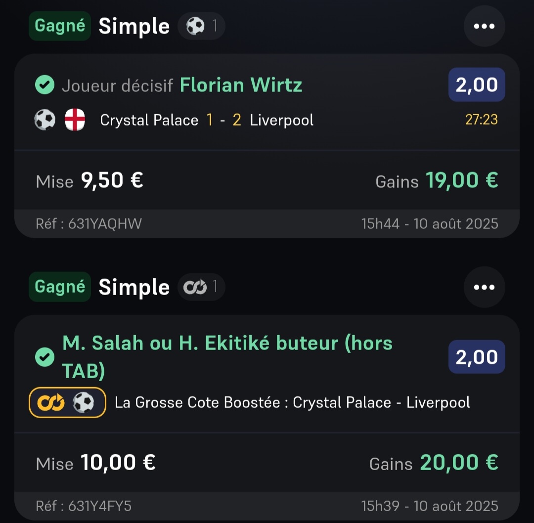 Value Bet (@valuebet3) on Twitter photo GOALLLL ETIQUETTE SUR PASSE DE WIRTZZZZ 😈⚽️🇨🇵 !!!
Boost Winamax validée ✅️🔥
Wirtz décisif - 2,00 ✅️🔥
Notre Étiquette nationale qui débute bien sa saison pour notre plus grand plaisir ! 👌❤️ GOALLLL ETIQUETTE SUR PASSE DE WIRTZZZZ 😈⚽️🇨🇵 !!!
Boost Winamax validée ✅️🔥
Wirtz décisif - 2,00 ✅️🔥
Notre Étiquette nationale qui débute bien sa saison pour notre plus grand plaisir ! 👌❤️