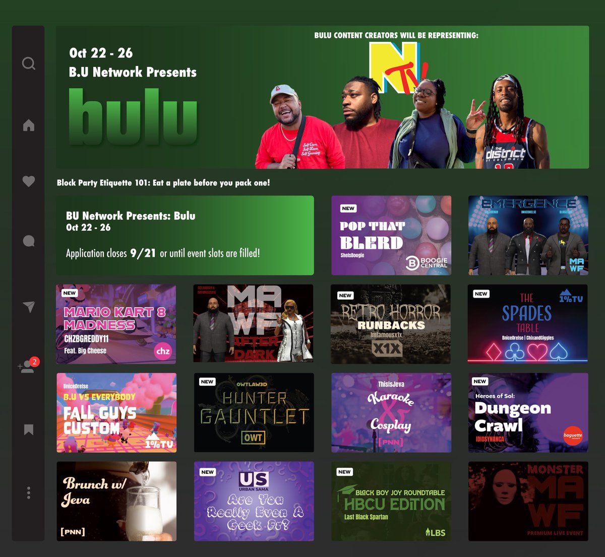 Blerdz Unite Block Party 9 is here. BU Network (BULU) sign-ups are live.
Stream Team + Main Event Creators hit Day 1.
Got a game, story, or idea worth sharing? Pitch it.

blerdzunite.com/block-party

#BlerdzUnite #BUBP9 #BlockParty9