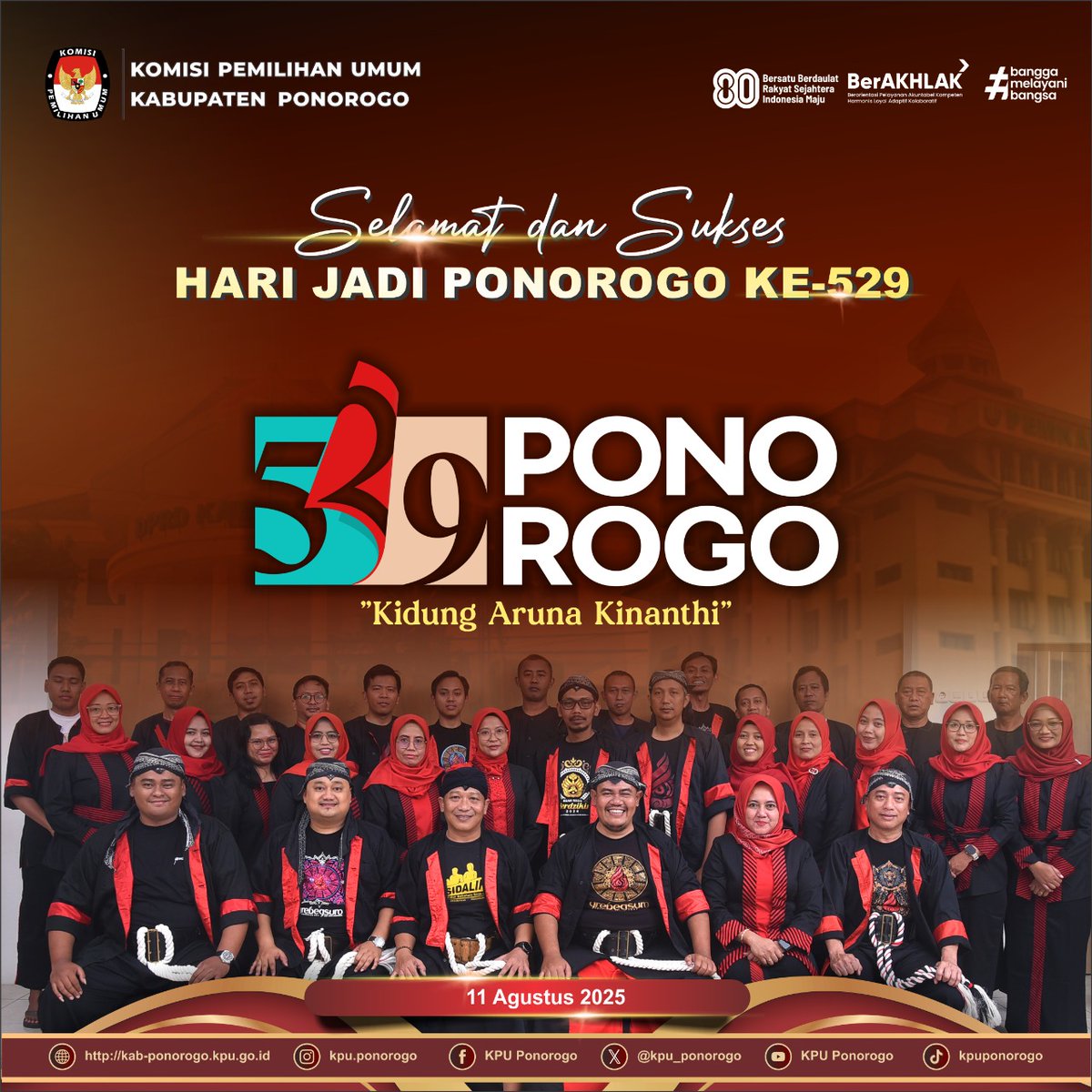 #TemanPemilih Segenap Pimpinan KPU Kabupaten Ponorogo Beserta Jajaran Mengucapkan Selamat dan Sukses Hari Jadi Ponorogo yang ke 529 ' Kidung Aruna Kinanthi'. Semakin maju dan  harapan di fajar baru Ponorogo dalam satu irama bersama.

#PonorogoHebat